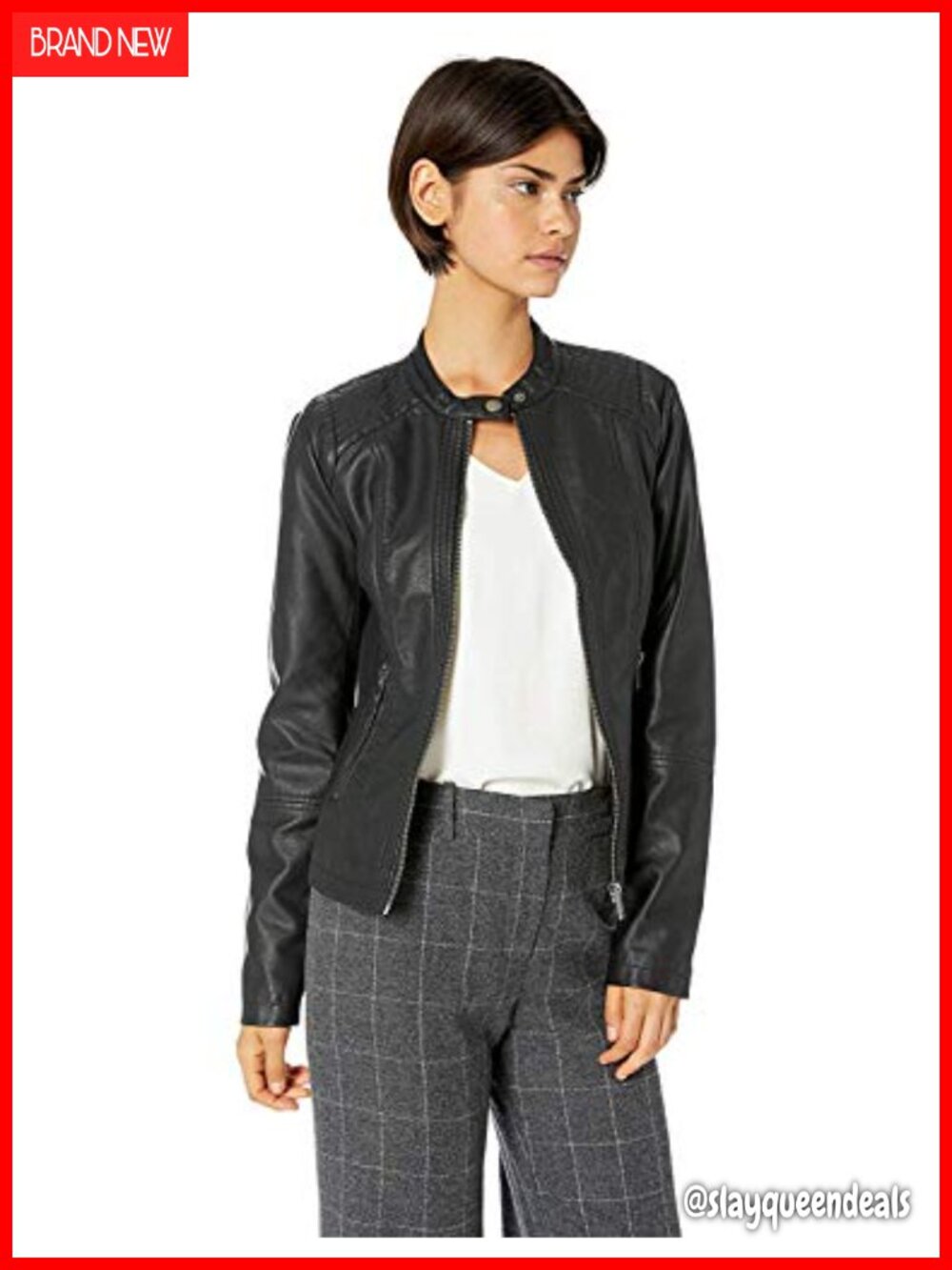 Faux Leather Moto Jacket with Zip Pockets and Stitch Details